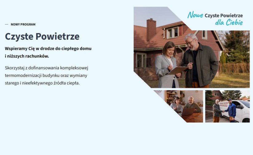 Napis czyste powietrze, obok zdjęcie kobiety z dokumentami w rękach i mężczyzny stojących przed domem