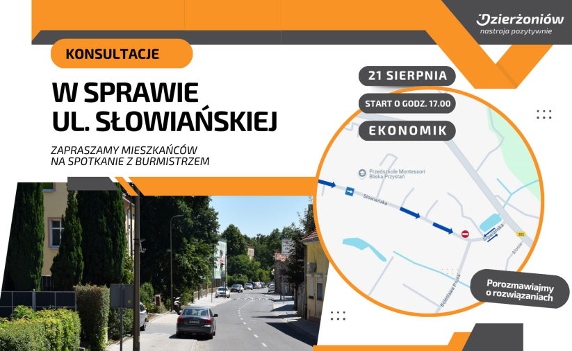 Grafika zapraszająca na konsultacje społeczne w sprawie organizacji ruchu na ul. Słowiańskiej, 21 sierpnia o godz. 17.00 w "Ekonomiku"