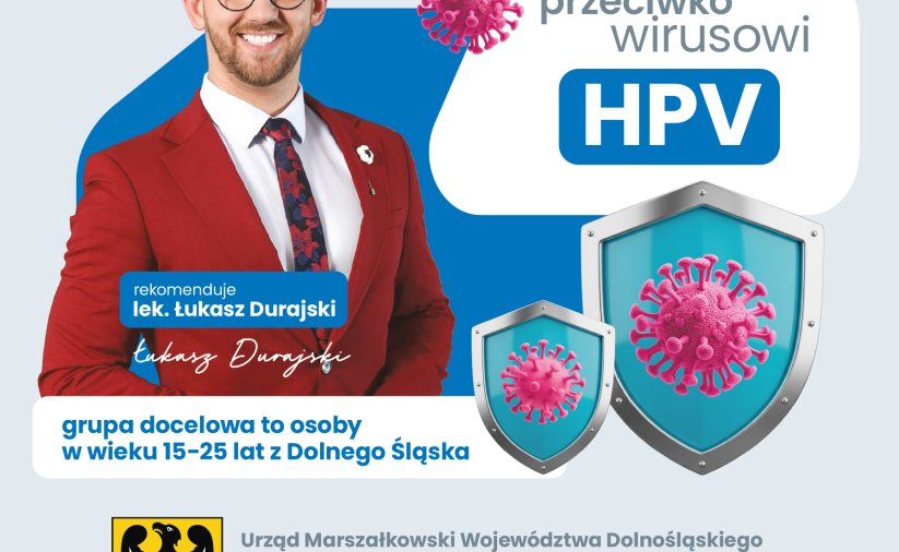 plakat z napisem bezpłatne szczepienia przeciwko wirusowi HPV i wizerunek lekarza
