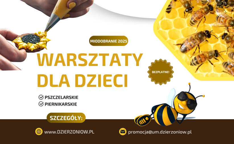 Grafika z pszczołą i miodem oraz piernikiem i napisem warstzty dla dzieci miodobranie 2025