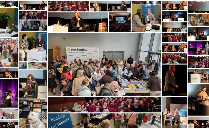 Kolaż zdjęc zxe spotkań autorskich w Dzierżoniowie w ramach Festiwalu Góry Literatury