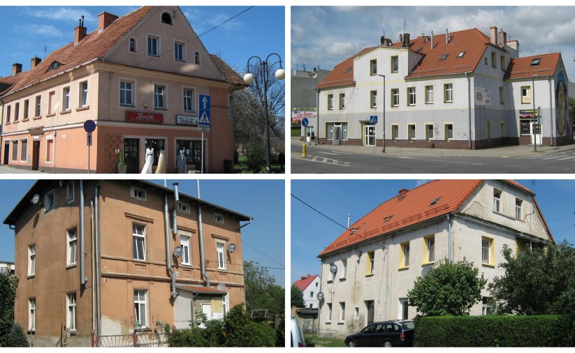 Kolaż czterech zdjęć przedstawiający kamienice
