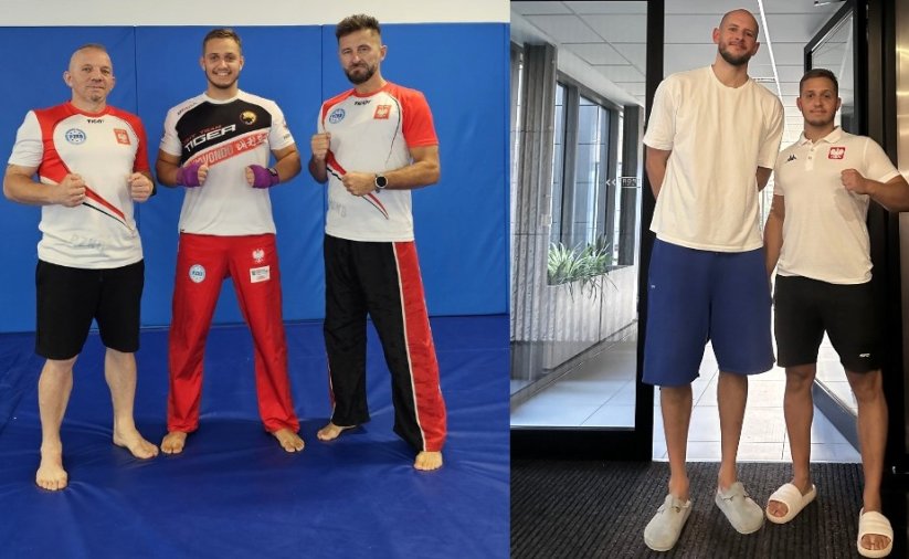 Kolaż dwóch zdjęć Maksa Paleja z trenerami taekwon-do i siatkarzem Bartoszem Kurkiem