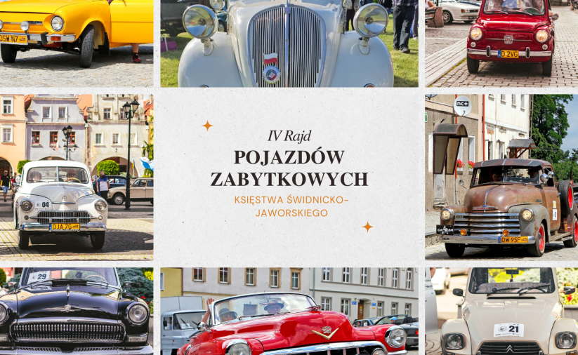 kolaż zdjęć ze starymi samochodami i napis IV Międzynarodowy Rajd Pojazdów Zabytkowych Księstwa Świdnicko-Jaworskiego