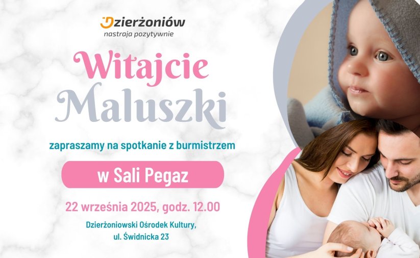 napis witajcie maluszki, zapraszamy na spotkanie z burmistrzem 22 wrzesnia 2025 godz. 12.00 zdjęcie dziecka i rodziców