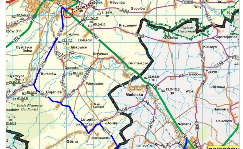 Mapa z zaznaczoną droga wojewódzką nr 382 i zakniętym odcinkiem przy wjeździe do Świdnicy
