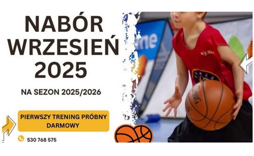 Grafika z napisem nabór wrzesień 2025 i młodym koszykarzem
