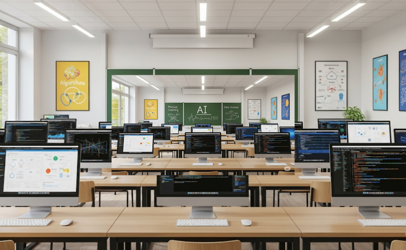 Klasa szkolna, na stołach nowoczesne komputery, na tablicy napis AI