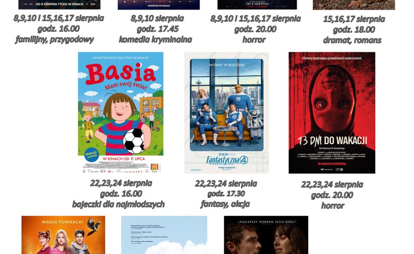 Kolaż plakatów z serpniowego repartuaru Kina Zbyszek w Dzierżoniowie