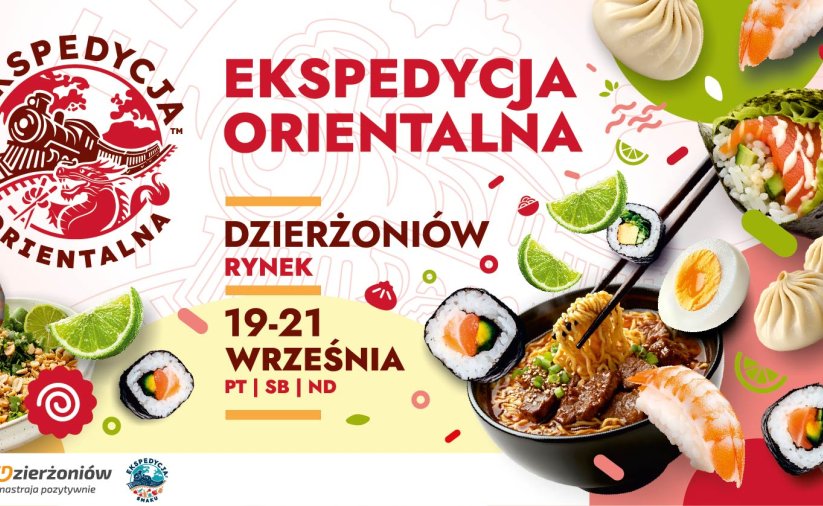 Grafika z napisem ekspedycja orientalna i zdjęciem potraw