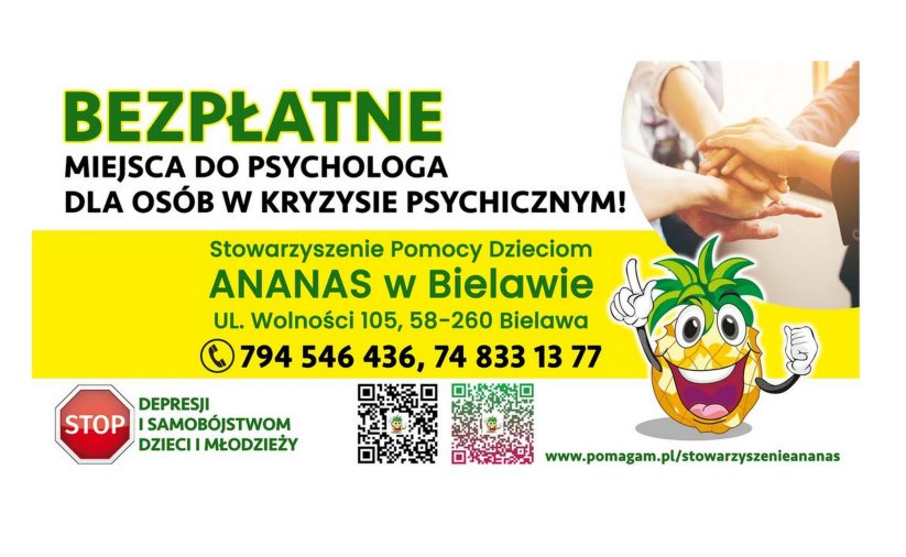 Grafika Stowarzyszenia Ananas z napisem "Bezpłatne miejsca do psychologa dla osób w kryzysie psychicznym"