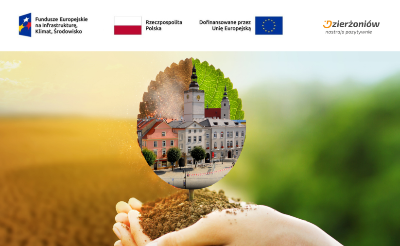 Grafika z dłonią trzymającą ziemię z wyrastającym liściem. Na liściu zdjęcie dzierżoniowskiego ratusza