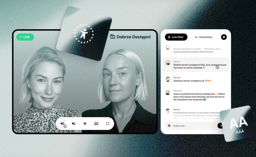 Grafika ze zrzutem ekranu z wydarzenia online z widocznym ekranem z twarzami dwóch kobiet i panelem komentarzy