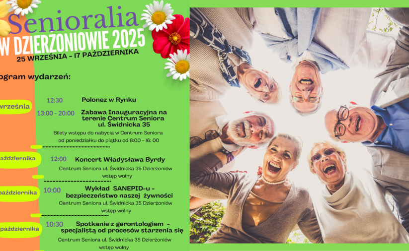 Grafika ze zdjęciem roześmianej grupy seniorów i plakatem senioraliów