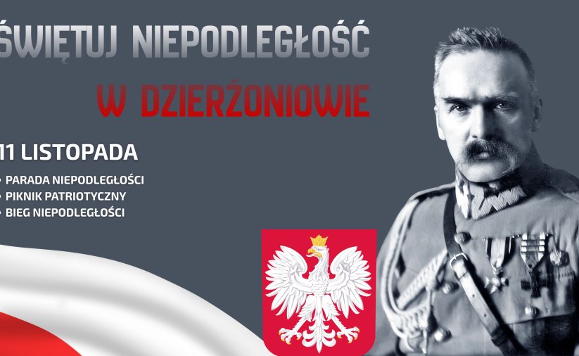 Grafika z Marszałkiem Piłsudskim i napisem Świętuj Niepodległość w Dzierżoniowie