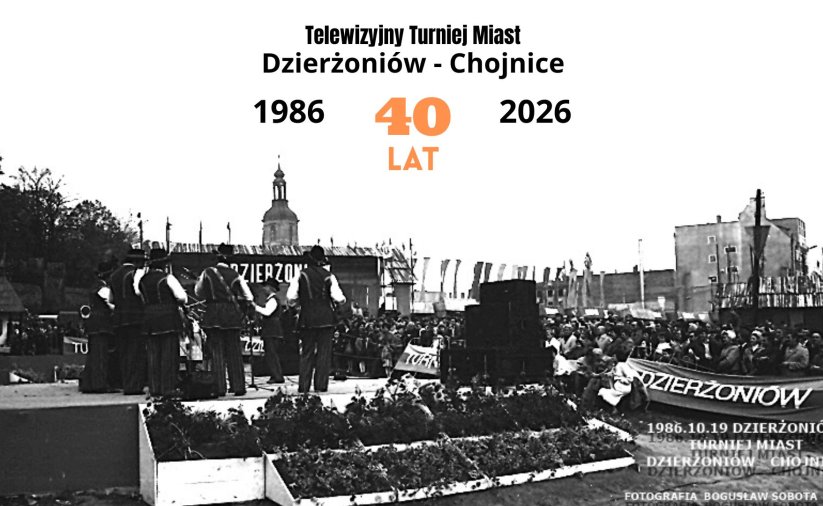 stara fotografia z telewizyjnego turnieju miast realizowanegow Dzierżoniowie z napisem Dzierżoniów-Chojnice 40 lat