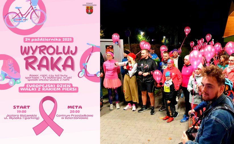 Kolaż z plakatem wydarzenia "Wyroluj raka" i zdjęciem ludzi przed startem ubiegłorocznej imprezy, wielu ma różowe elementy stroju lub różowe balony