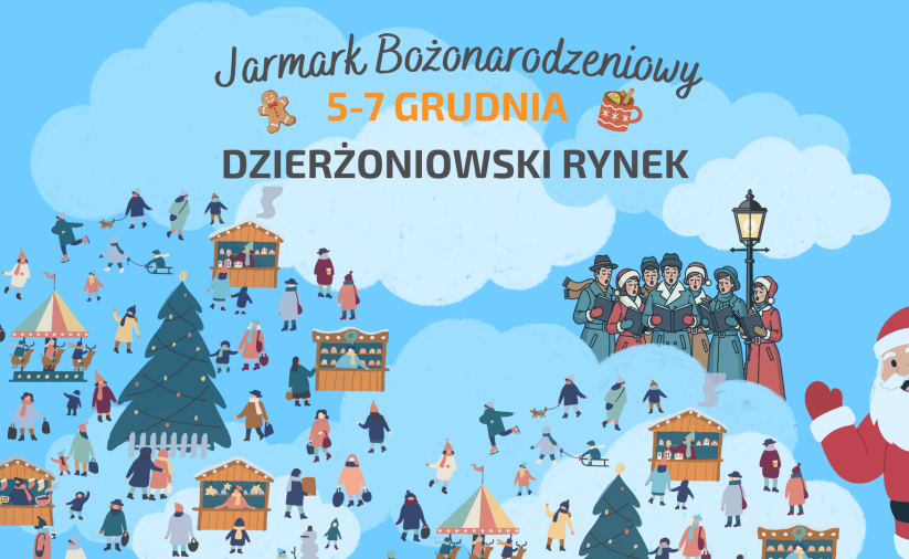 grafika zapraszająca na jarmark bożonarodzeniowy 5-7 grudnia w Dzierzoniowie, na niebieskikm tle ludzie, choinka, mikołaj