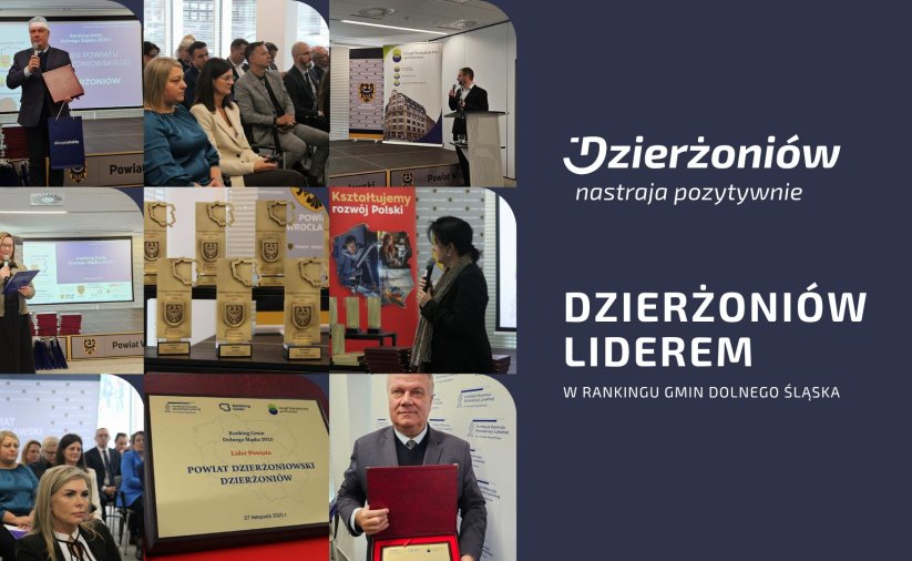 kolaż zdjęc z rozdania nagród w ranmkingu gmin Dolnego SLąska, logo miasta i napis Dzierzoniów Liderem