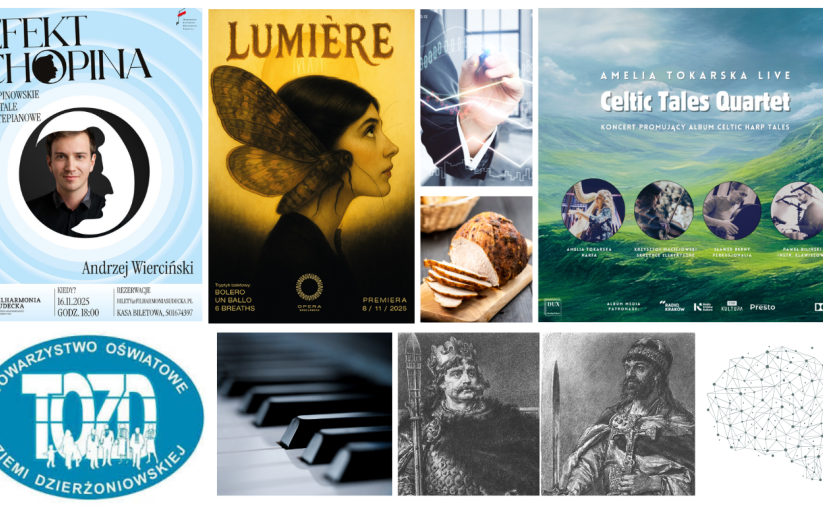 Kolaż zdjęć i plakatów dotyczących listopadowych wydarzeń w Towarzystwie Oświatowym Ziemi Dzierżoniowskiej