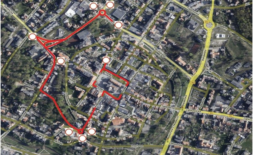 plan miastaDzierzoniowa z zaznaczonymi czerwonym kolorem ulicami, które będa wyłączone z ruchu w związku z Rajdem Wikinga 15 listopada