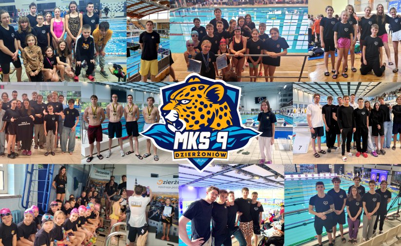 Kolaż zjęć dzierzoniowskich pływak,ów dokumentujący najważniejsze sukcesy sportowe w 2025 , na środku logo kluburoku MKS 9 Dzierżoniów