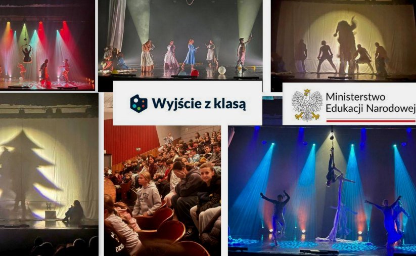 Kolaż zdjęć ze spektakli teatralnych, na zdjęciach scena, oświetlenie, aktorzy