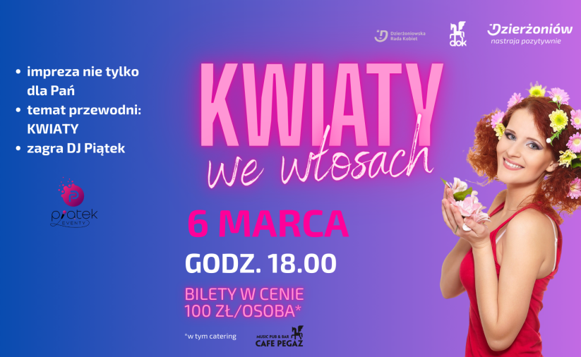 uśmiechnięta kobieta z kwiatami, npis kwiaty we włosach 6 marca