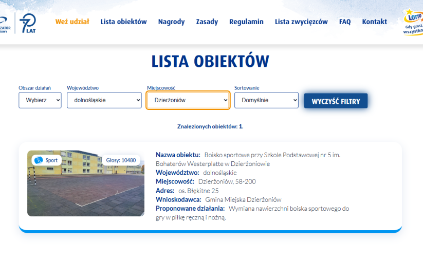 screen strony gdygrasz.pl na której można głosować na odnowienie boiska przy SP 5 w Dzierżoniowie