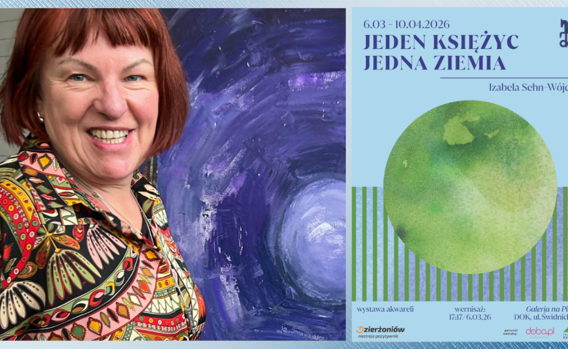 Kolaż zdjęcia autorki wystawy i plakatu z jabłkiem na pierwszym planie