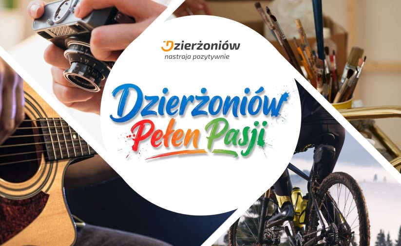 Grafika - w białym kole napis Dzierżoniów Pełen Pasji, poza nim kolaż zdjęć gitary, aparatu, rowerzysty i pędzli