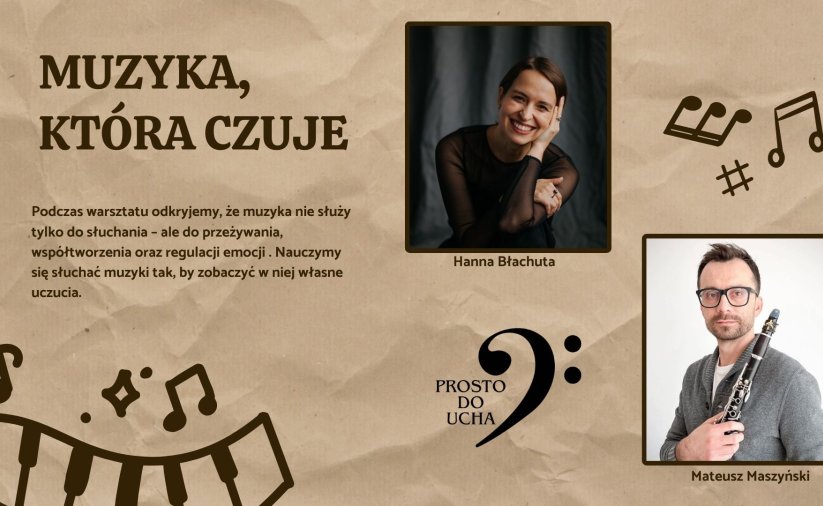 Grafika, napis Muzyka, która czaruje i zdjęcie śpiewaczki i klarnecistki
