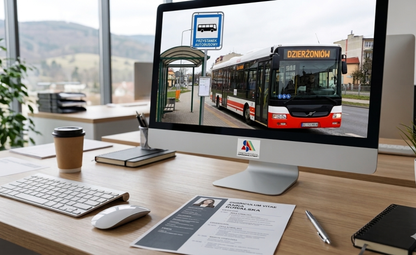 Zdjęcie biurka z CV i autobusem na monitorze komputera