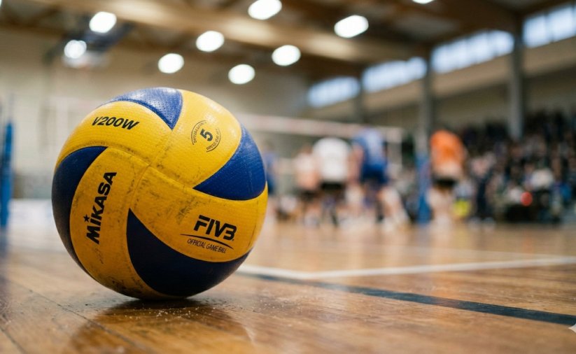 Piłka do siatkówki leżąca na parkiecie, w tle mecz siatkówki