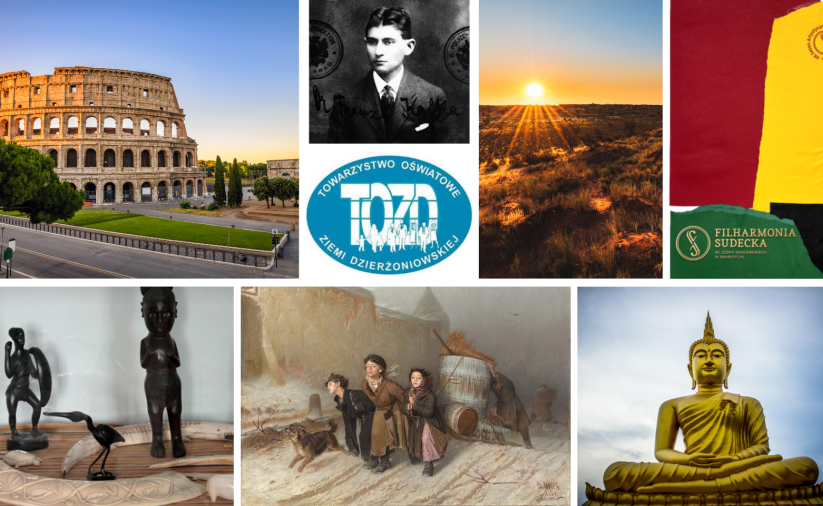 Kolaż zdjęć tematów marcowych spotkań Towarzystwa Oświatowego Ziemi Dzierżoniowskiej