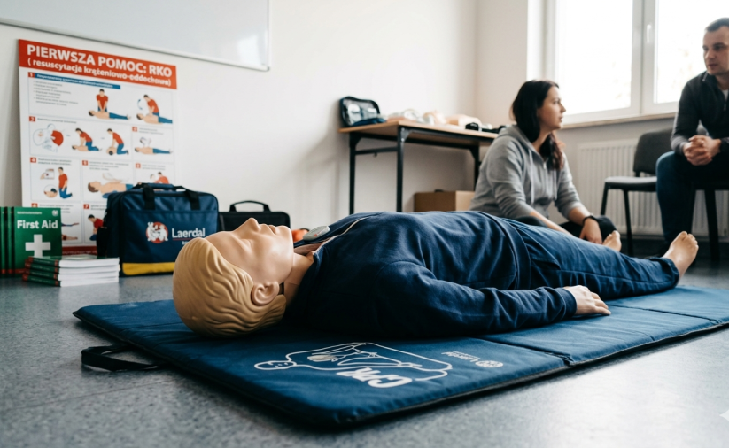 Manekin do nauki pierwszej pomocy leżący na podłodze w klasie, obok kobieta i meżczyzna
