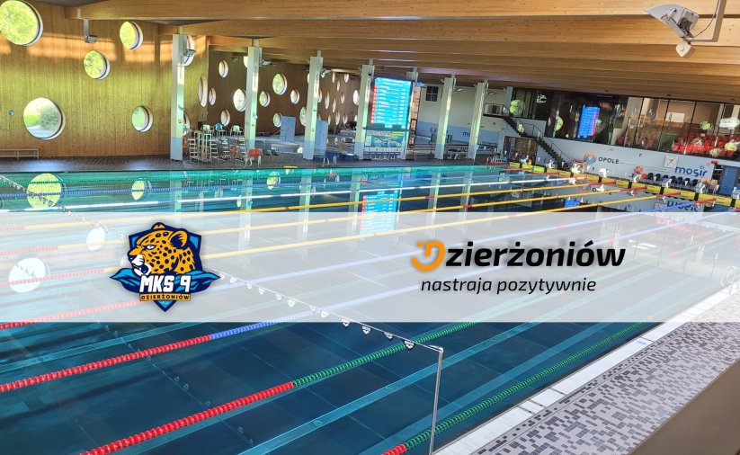 Basen kryty w Opolu, na zdjęcie nałożone logo miasta i klubu