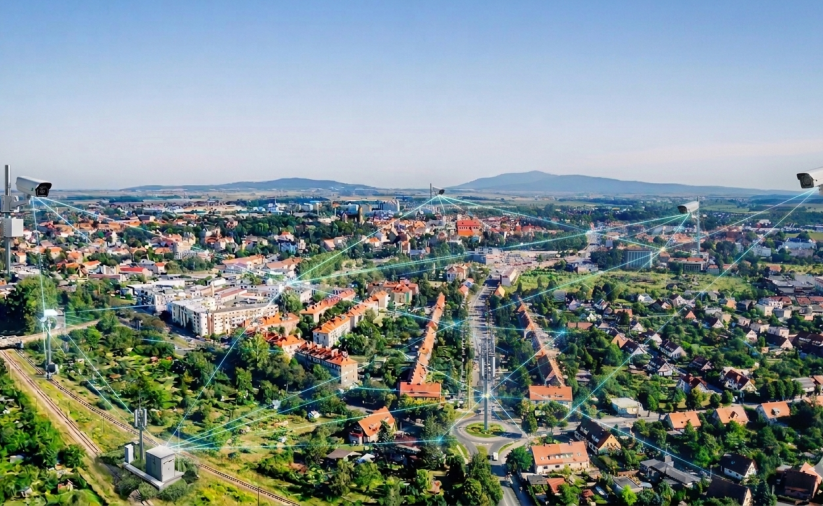 Dzierżoniów z lotu ptaka, na zdjęcie naniesione 4 kamery do monitoringu