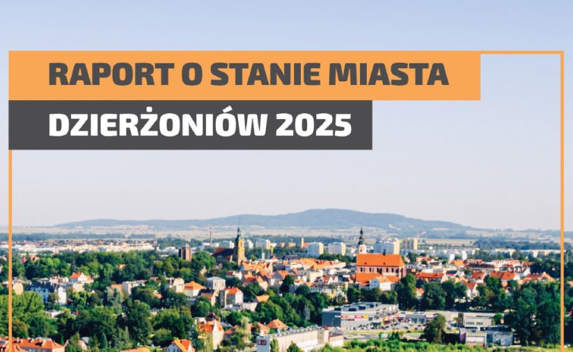 Napis Raport o stanie miasta nałozony na zdjęcie Dzierżoniowa z lotu ptaka