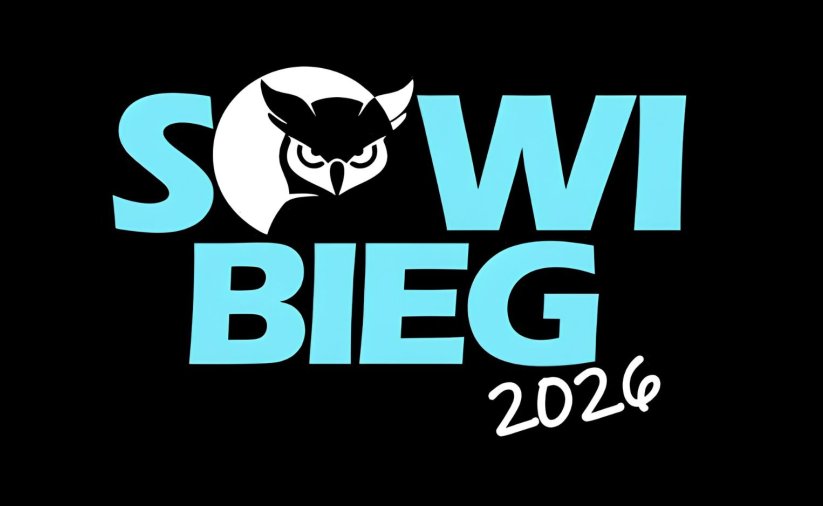 Czarne tło, niebieski napis Sowi Bieg, w literę o wkomponowana głowa sowy