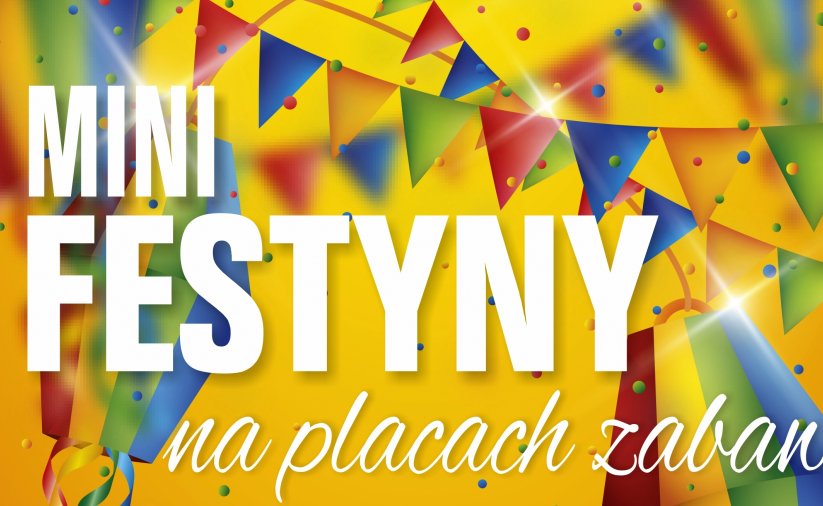 grafika - kolorowe tło, biały napis Mini Festyny