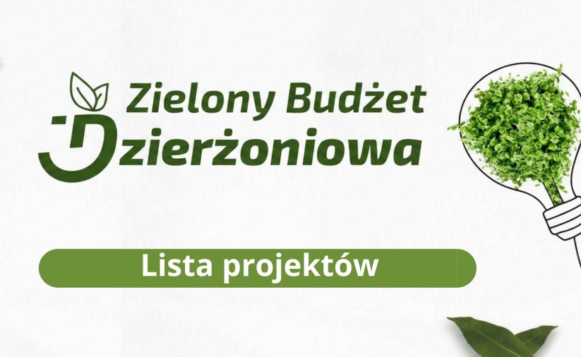 Grafika z napisem Zielony Budżet Dzierżoniowa, lista projektów