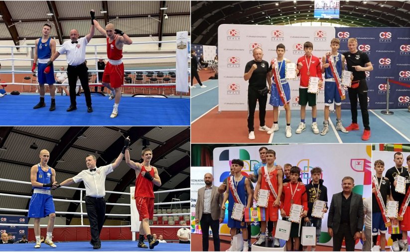 Kolaż zdjęc bokserów na ringu i na podium
