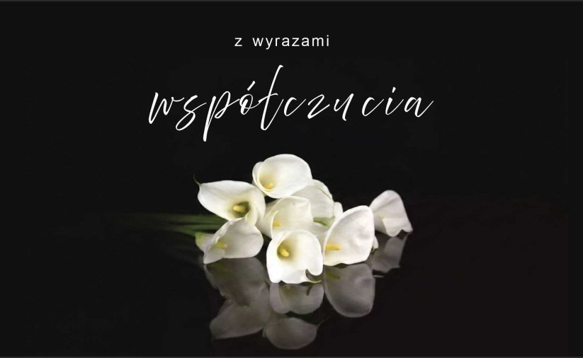Białe dalie na czarnym tle, napis z wyrazami współczucia