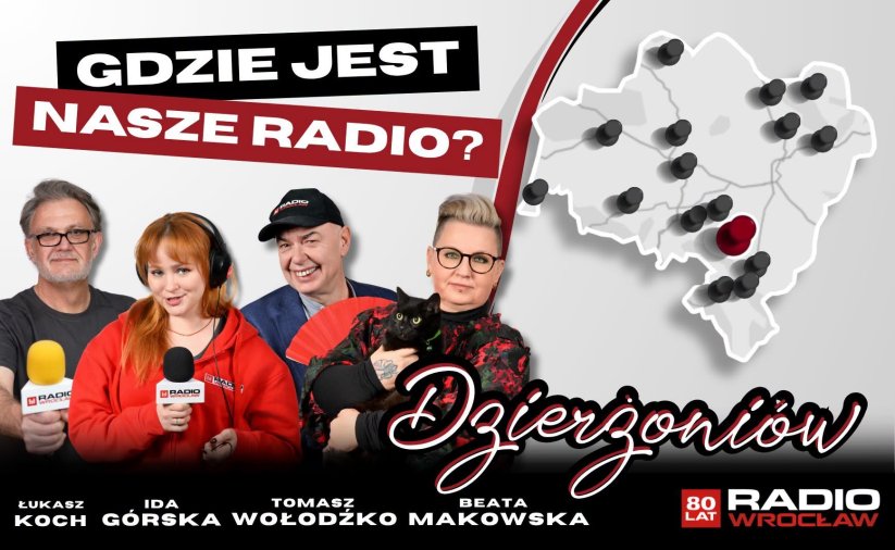 grafika ze zdjęciem czterech dziennikarzy Radia Wrocław i napisem: Gdzie jest nasze radio? Dzierżoniów