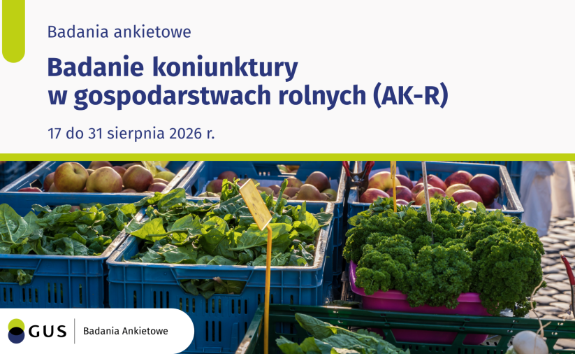 Grafika z napisem "Badanie koniunktury i zdjęcie warzyw poukładanych w skrzynkach"