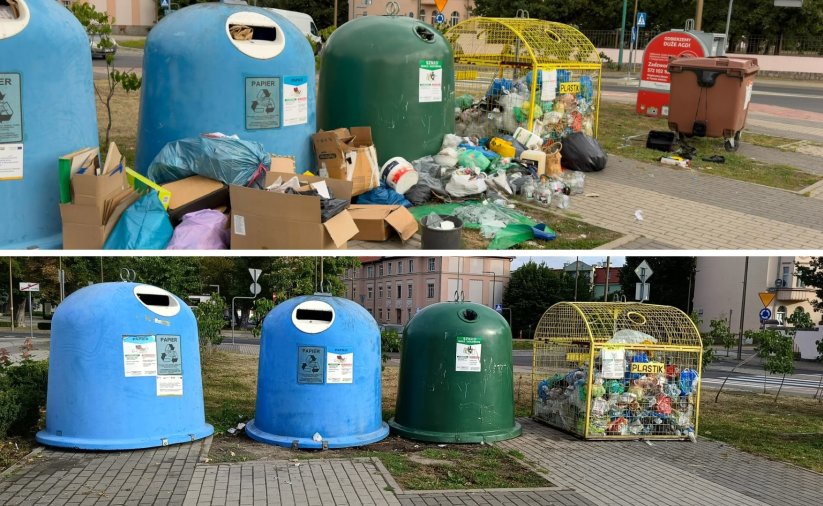 Kolaż dwóch zdjęć pojemników do segregacji odpadów