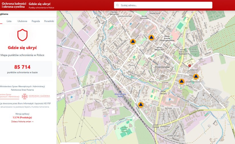 Mapa Dzierżoniowa z zaznaczonym punktami, w których można szukać schronienia