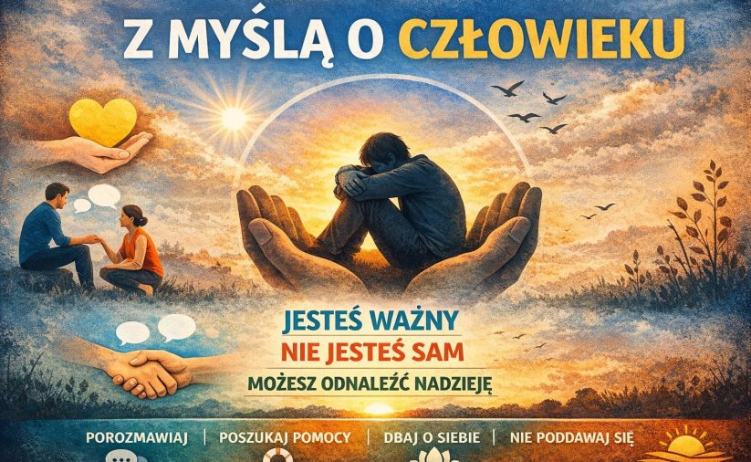 Grafika - rozłożnie dłonie na których siedzi skulony mężczyzna, obok prara podająca sobie ręce