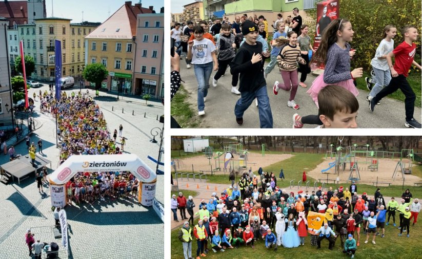 Kolaż zdjęć przedstawiających bieżnię, osoby biegające w lesie, ulicami i po dzierżoniowskim rynku